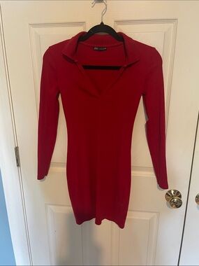 Zara Red Long-Sleeve Collared Bodycon Dress size small